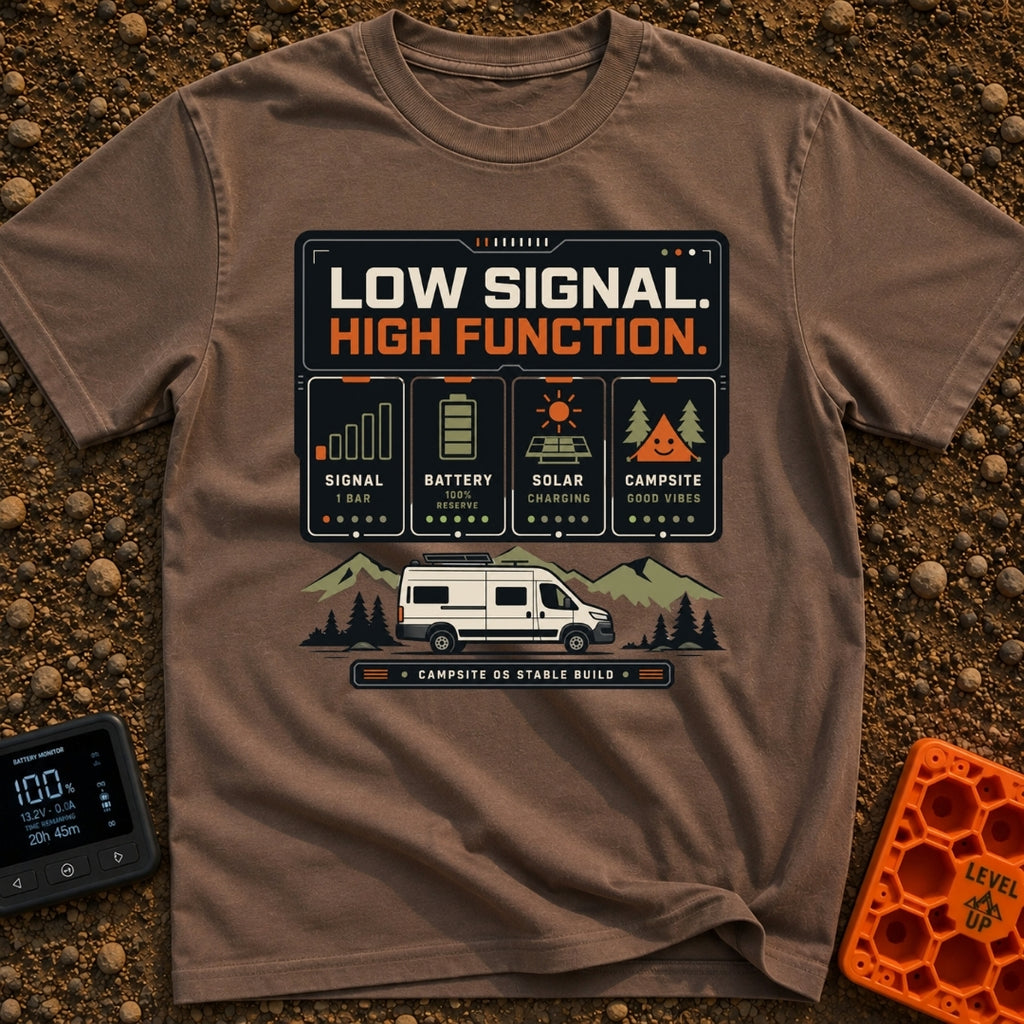 Low Signal High Function - T-Shirt in Espresso - A graphic resembling a digital dashboard with text reading "LOW SIGNAL....