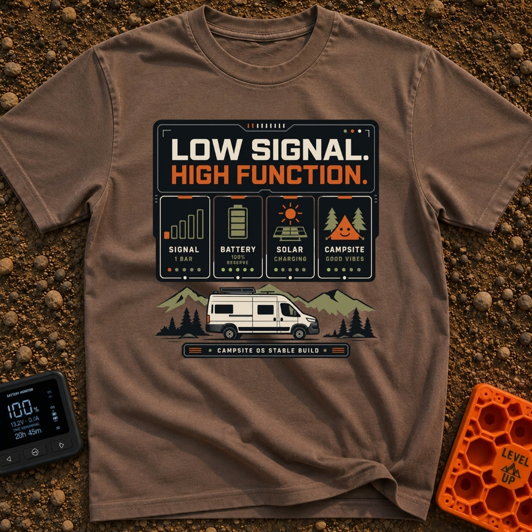 Low Signal High Function - T-Shirt in Espresso - A graphic resembling a digital dashboard with text reading "LOW SIGNAL....