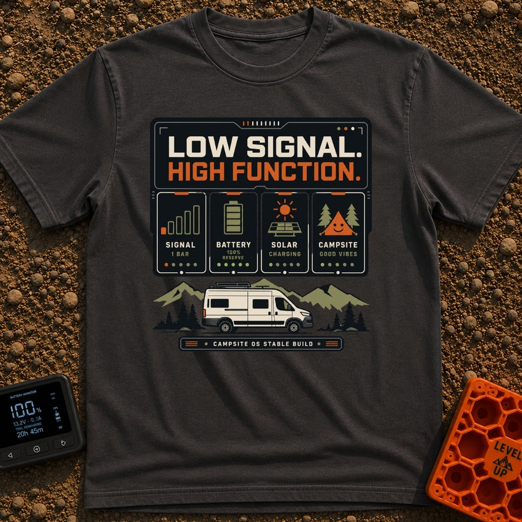 Low Signal High Function - T-Shirt in Graphite - A graphic resembling a digital dashboard with text reading "LOW SIGNAL....