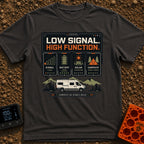 Low Signal High Function - T-Shirt in Graphite - A graphic resembling a digital dashboard with text reading "LOW SIGNAL....