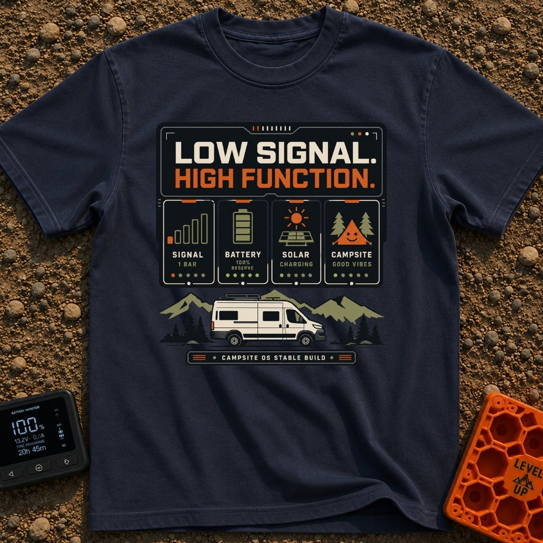 Low Signal High Function - T-Shirt in Navy - A graphic resembling a digital dashboard with text reading "LOW SIGNAL. HIGH...