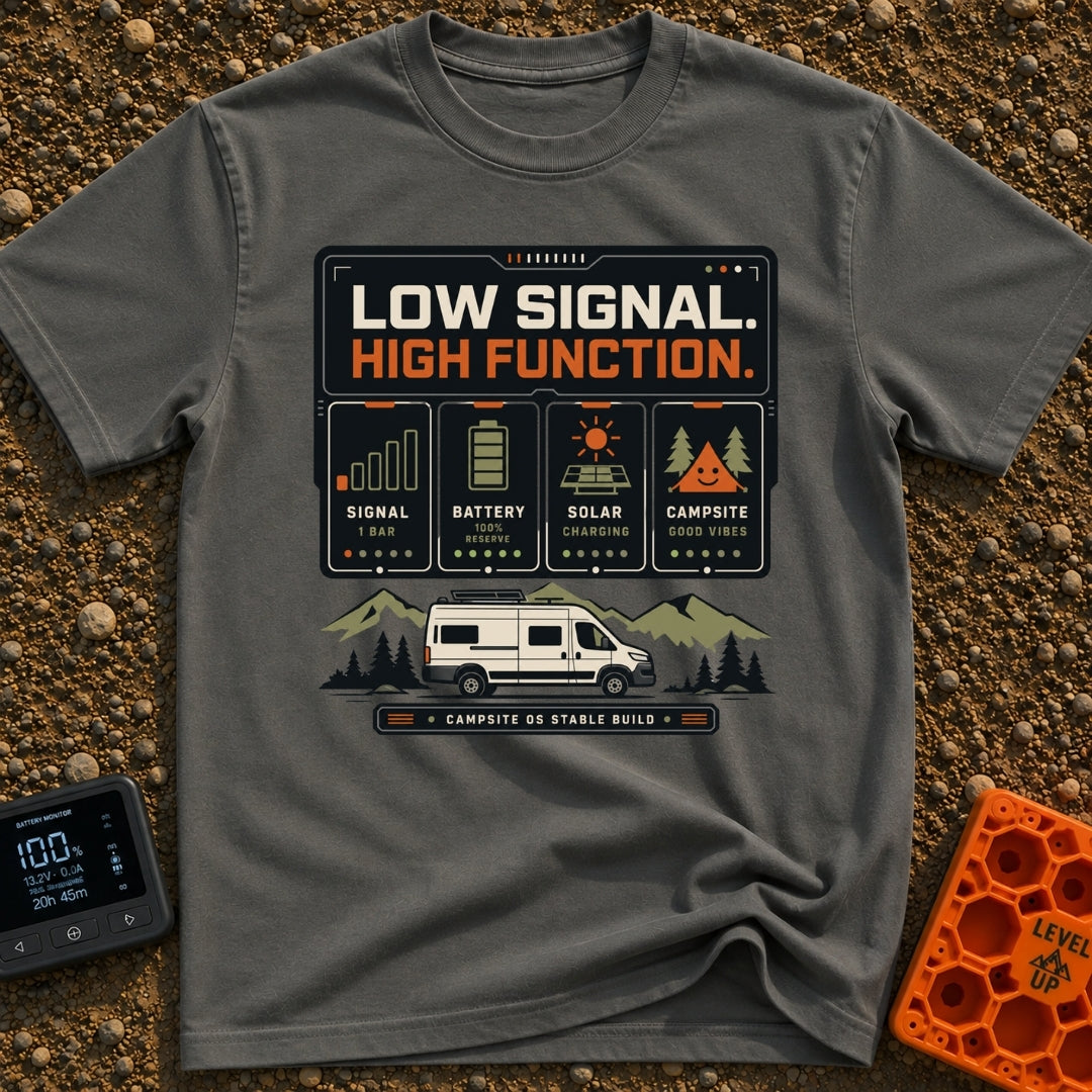Low Signal High Function - T-Shirt in Pepper - A graphic resembling a digital dashboard with text reading "LOW SIGNAL....