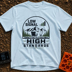 Low Bars High Standards - T-Shirt in Chambray - An emblem-style illustration featuring the text 'LOW SIGNAL' next to a...