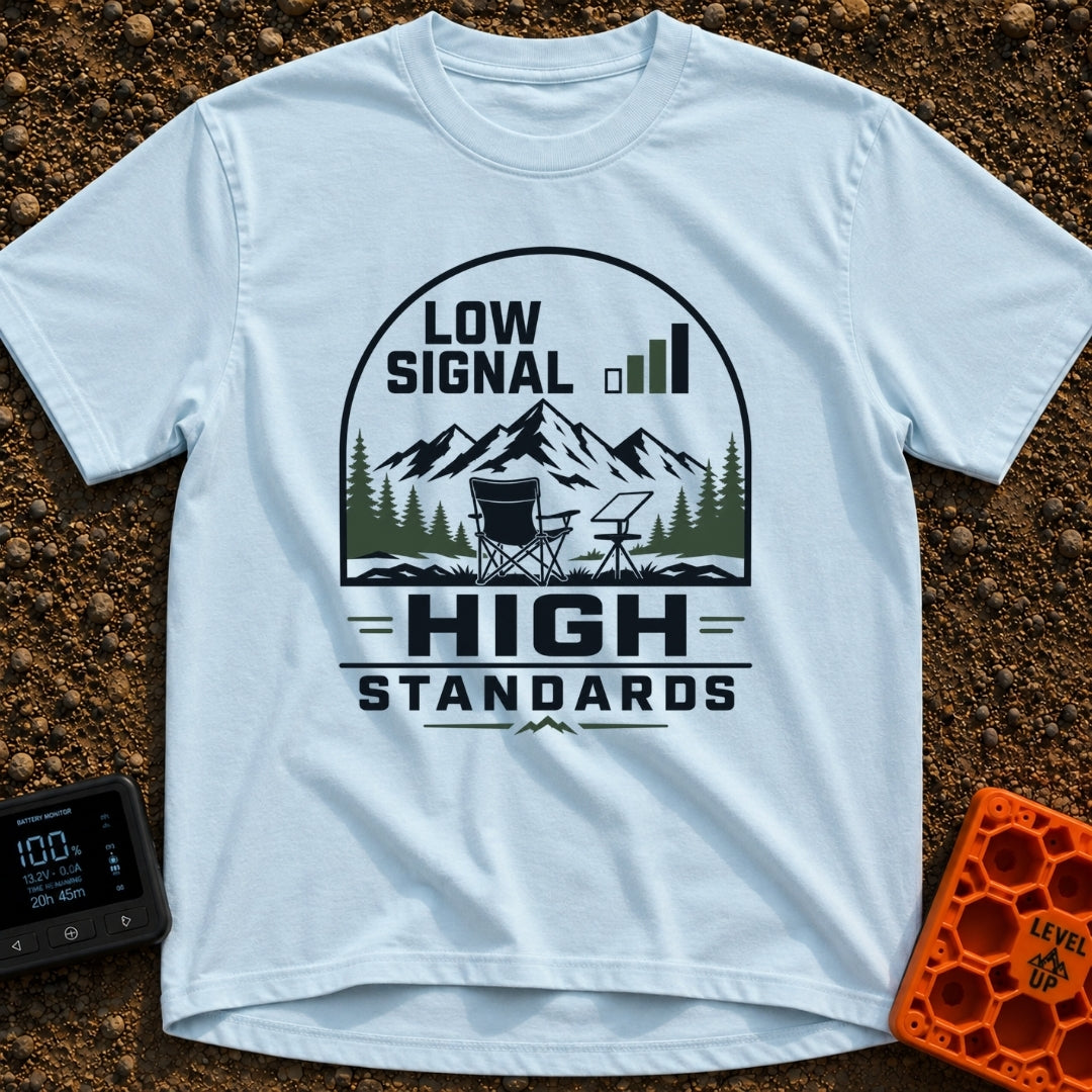 Low Bars High Standards - T-Shirt in Chambray - An emblem-style illustration featuring the text 'LOW SIGNAL' next to a...