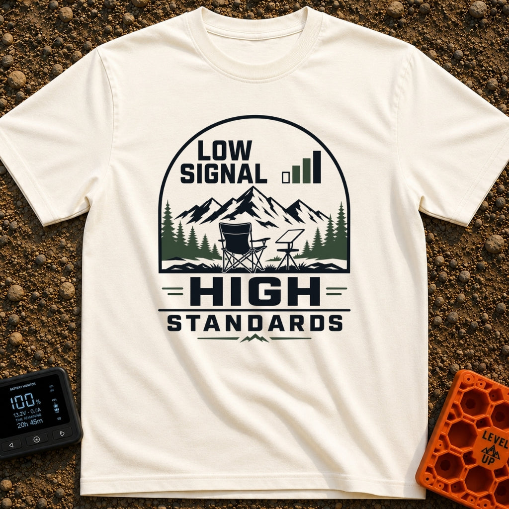 Low Bars High Standards - T-Shirt in Ivory - An emblem-style illustration featuring the text 'LOW SIGNAL' next to a cell...