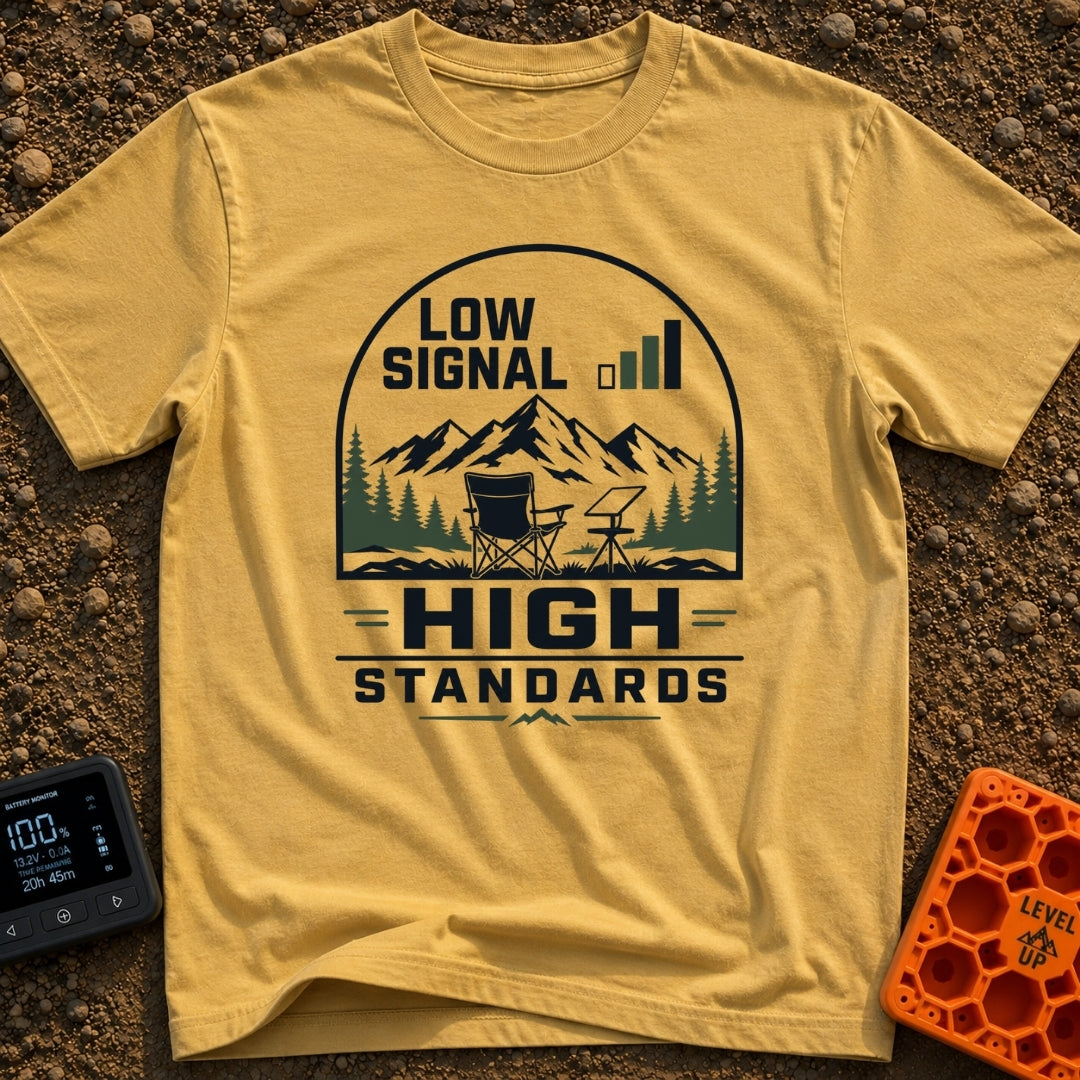 Low Bars High Standards - T-Shirt in Mustard - An emblem-style illustration featuring the text 'LOW SIGNAL' next to a...