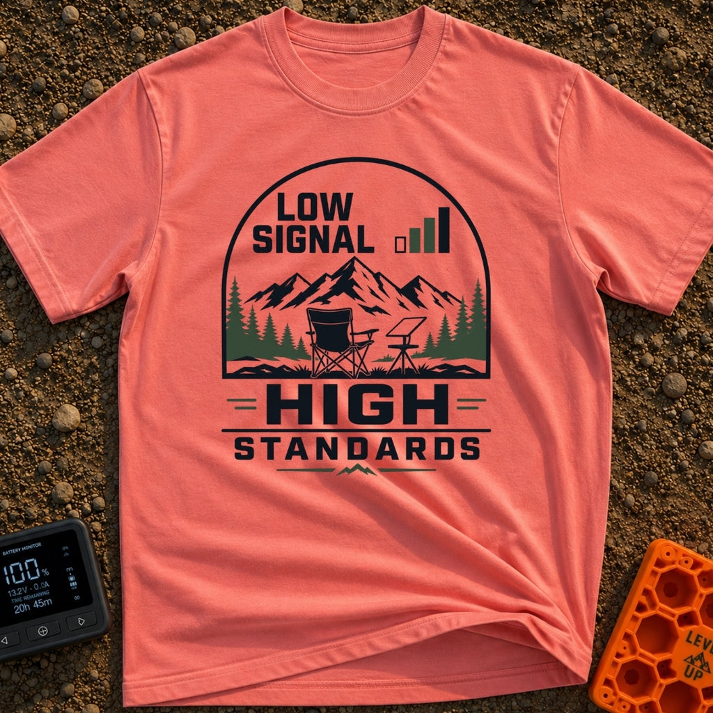 Low Bars High Standards - T-Shirt in Watermelon - An emblem-style illustration featuring the text 'LOW SIGNAL' next to a...