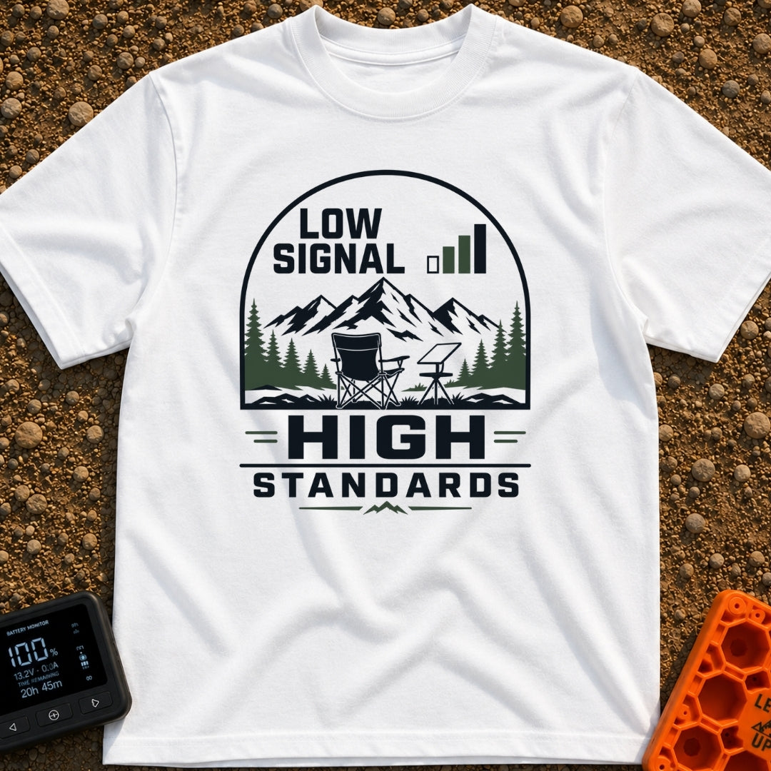 Low Bars High Standards - T-Shirt in White - An emblem-style illustration featuring the text 'LOW SIGNAL' next to a cell...