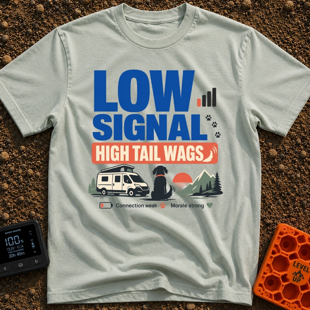 Low Signal Tail Wags - T-Shirt in Bay - The design features bold text reading "LOW SIGNAL HIGH TAIL WAGS" alongside an...