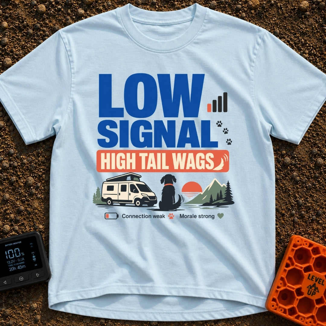 Low Signal Tail Wags - T-Shirt in Chambray - The design features bold text reading "LOW SIGNAL HIGH TAIL WAGS" alongside...