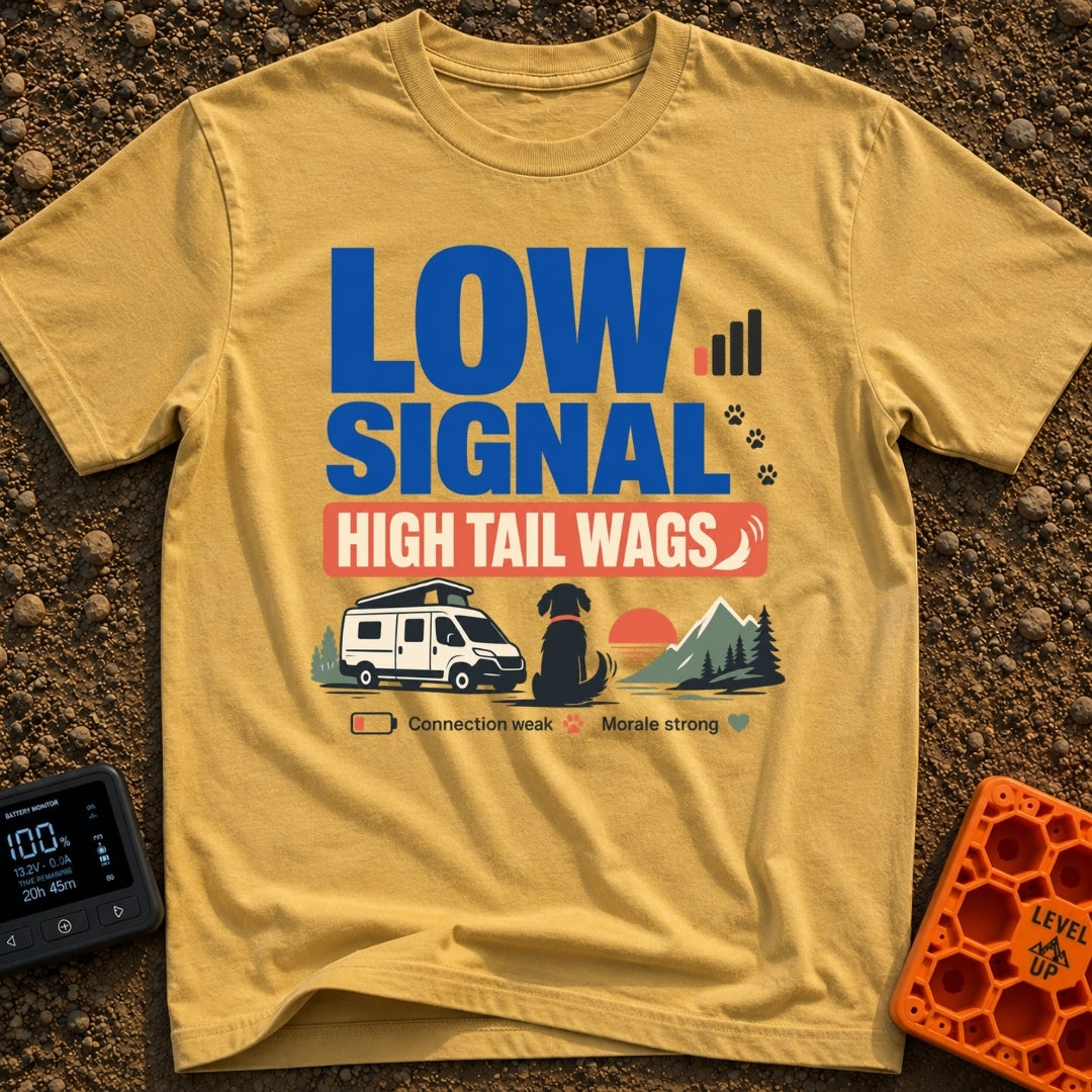 Low Signal Tail Wags - T-Shirt in Mustard - The design features bold text reading "LOW SIGNAL HIGH TAIL WAGS" alongside...