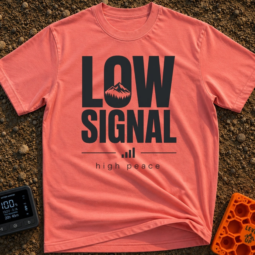 No Signal No Problem - T-Shirt in Watermelon - The design features the words "LOW SIGNAL" in large, bold typography, with...