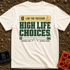 Low Pressure High Life - T-Shirt in Ivory - A text-based graphic featuring a yellow banner with "LOW TIRE PRESSURE"...