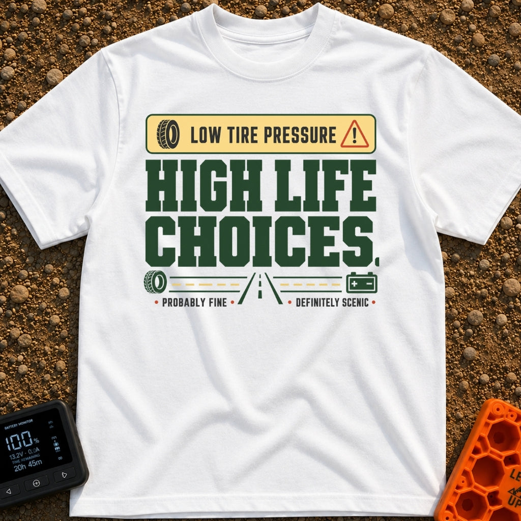 Low Pressure High Life - T-Shirt in White - A text-based graphic featuring a yellow banner with "LOW TIRE PRESSURE"...