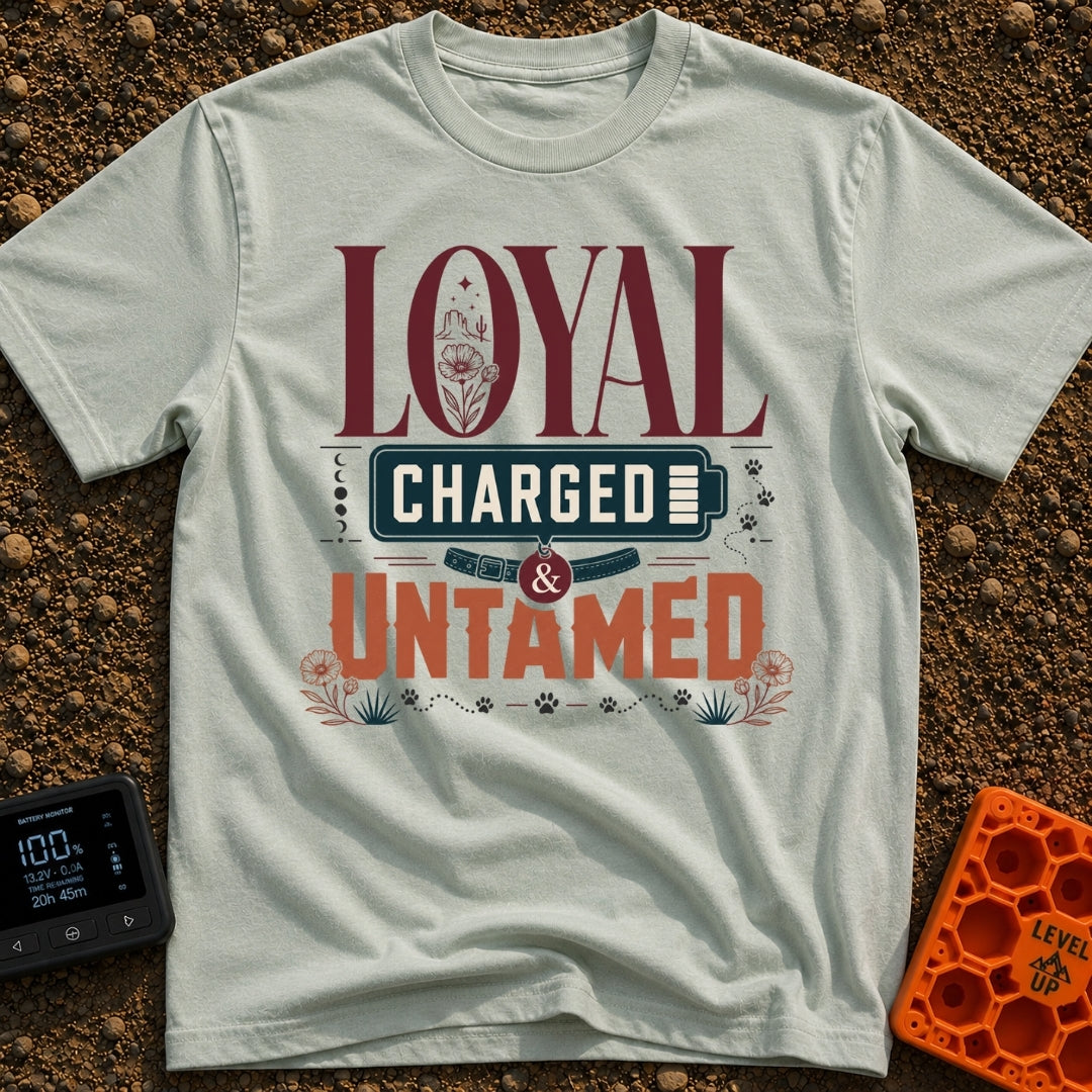 Unleashed And Charged - T-Shirt in Bay - A typographic design featuring the words "LOYAL CHARGED & UNTAMED", with a...