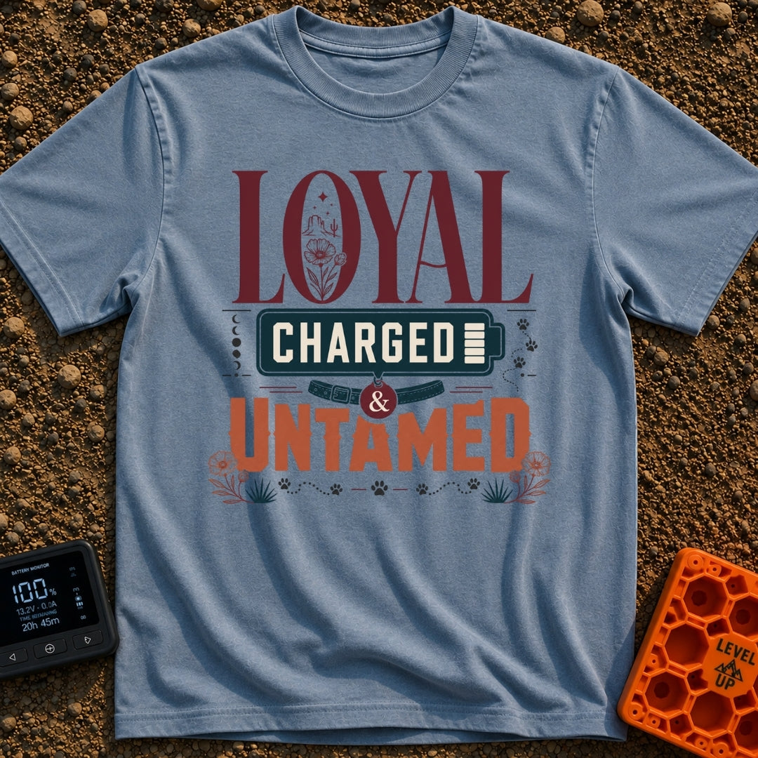 Unleashed And Charged - T-Shirt in Blue Jean - A typographic design featuring the words "LOYAL CHARGED & UNTAMED", with a...