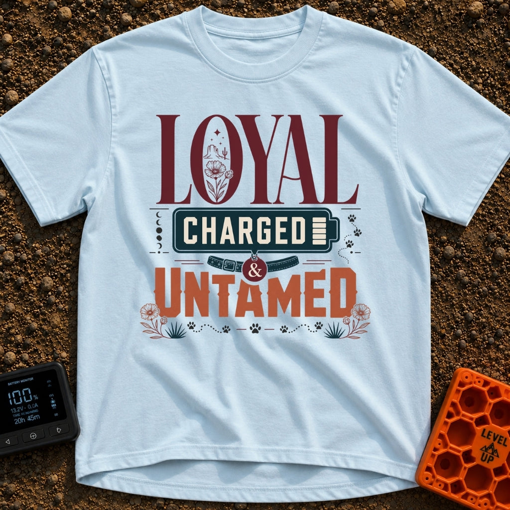 Unleashed And Charged - T-Shirt in Chambray - A typographic design featuring the words "LOYAL CHARGED & UNTAMED", with a...