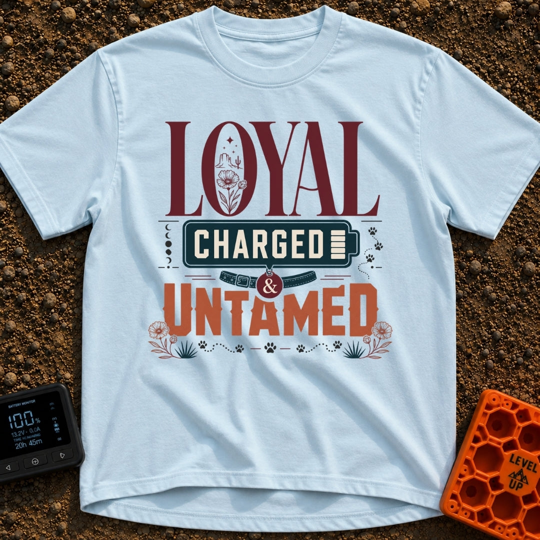 Unleashed And Charged - T-Shirt in Chambray - A typographic design featuring the words "LOYAL CHARGED & UNTAMED", with a...