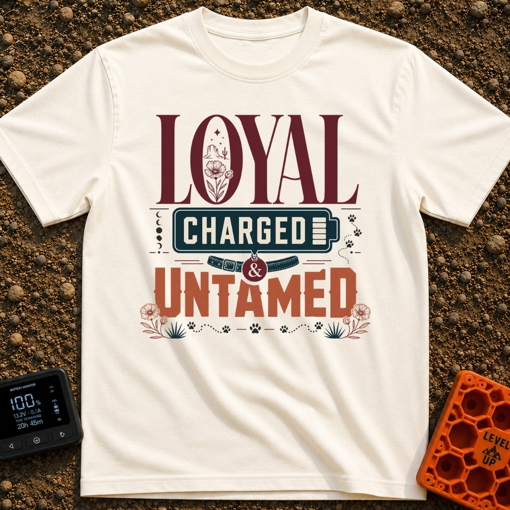 Unleashed And Charged - T-Shirt in Ivory - A typographic design featuring the words "LOYAL CHARGED & UNTAMED", with a...