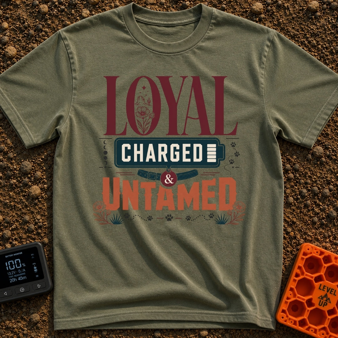 Unleashed And Charged - T-Shirt in Moss - A typographic design featuring the words "LOYAL CHARGED & UNTAMED", with a...