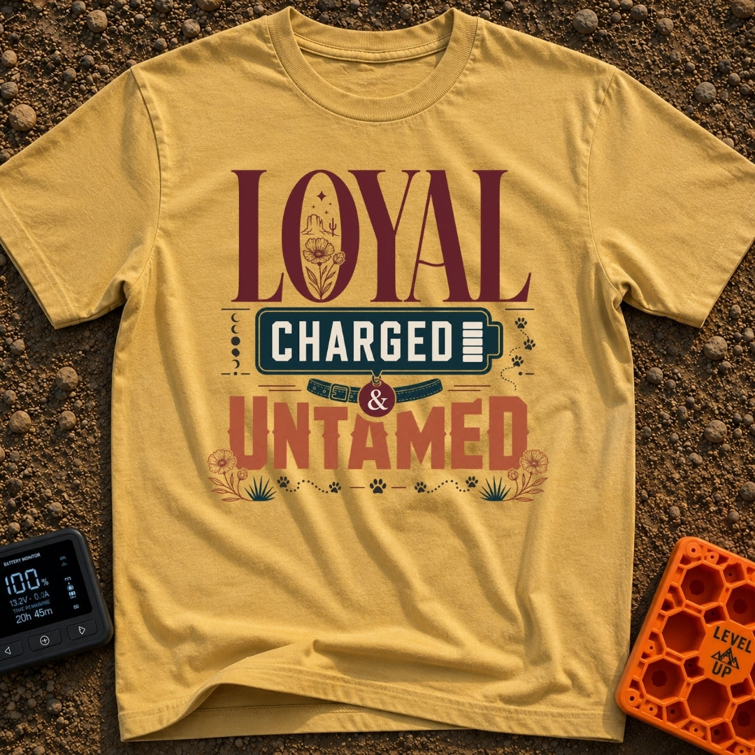 Unleashed And Charged - T-Shirt in Mustard - A typographic design featuring the words "LOYAL CHARGED & UNTAMED", with a...