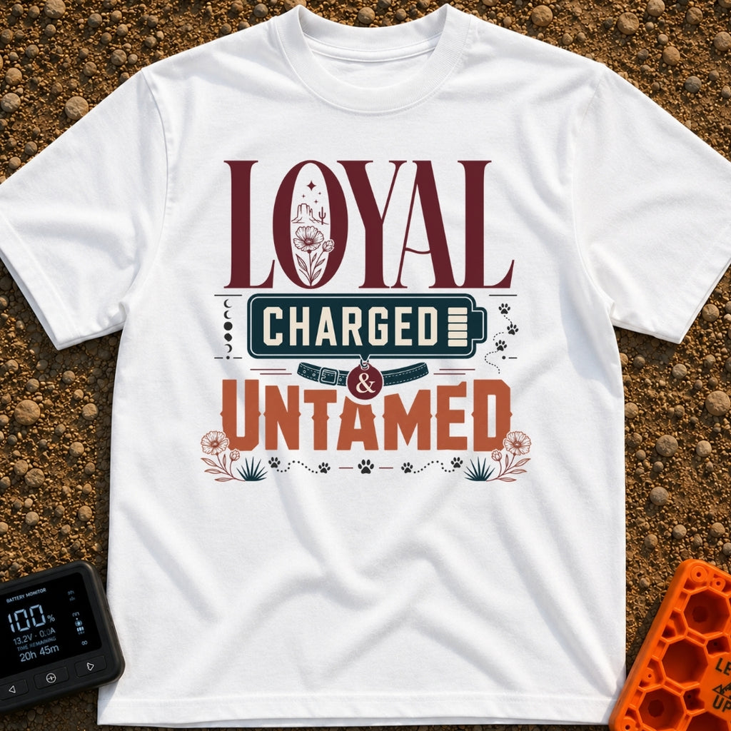 Unleashed And Charged - T-Shirt in White - A typographic design featuring the words "LOYAL CHARGED & UNTAMED", with a...