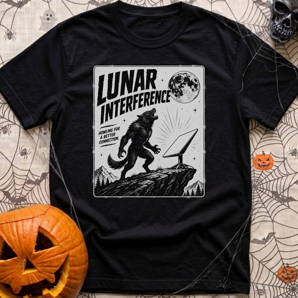 Bad Moon Reception - T-Shirt in Black - A black and white distressed illustration of a werewolf standing on a rocky cliff...