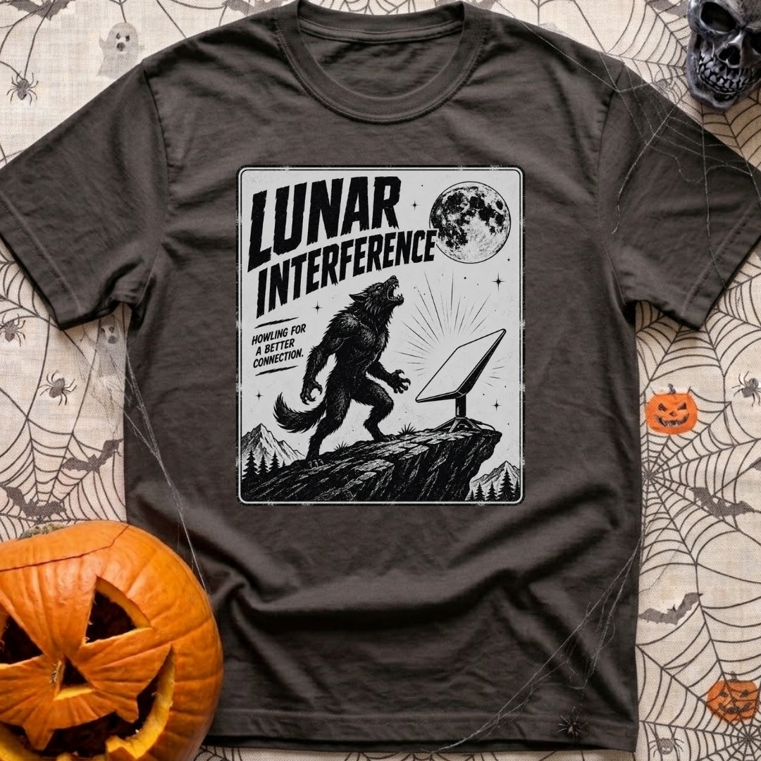 Bad Moon Reception - T-Shirt in Graphite - A black and white distressed illustration of a werewolf standing on a rocky...