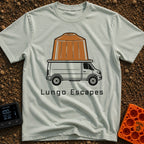 The Great Lungo Escape - T-Shirt in Bay - A side-profile illustration of a white camper van with a giant brown espresso...