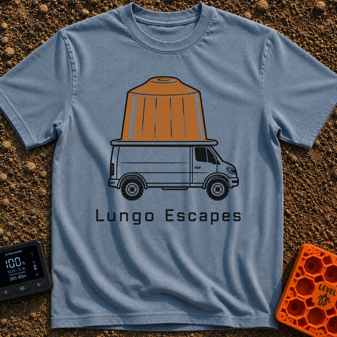 The Great Lungo Escape - T-Shirt in Blue Jean - A side-profile illustration of a white camper van with a giant brown...