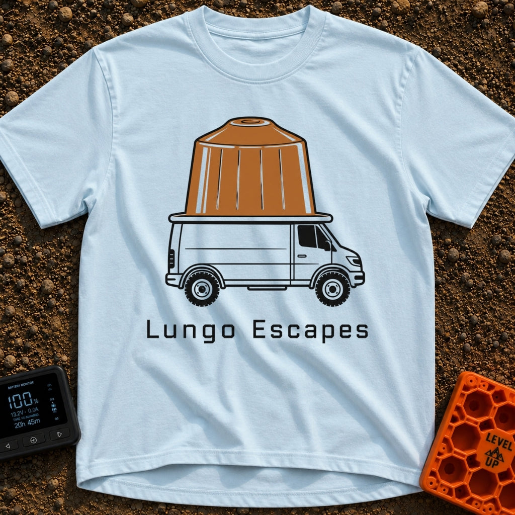 The Great Lungo Escape - T-Shirt in Chambray - A side-profile illustration of a white camper van with a giant brown...