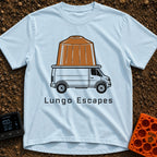 The Great Lungo Escape - T-Shirt in Chambray - A side-profile illustration of a white camper van with a giant brown...