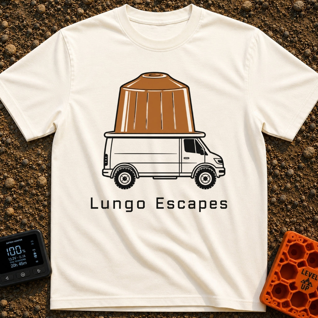 The Great Lungo Escape - T-Shirt in Ivory - A side-profile illustration of a white camper van with a giant brown espresso...