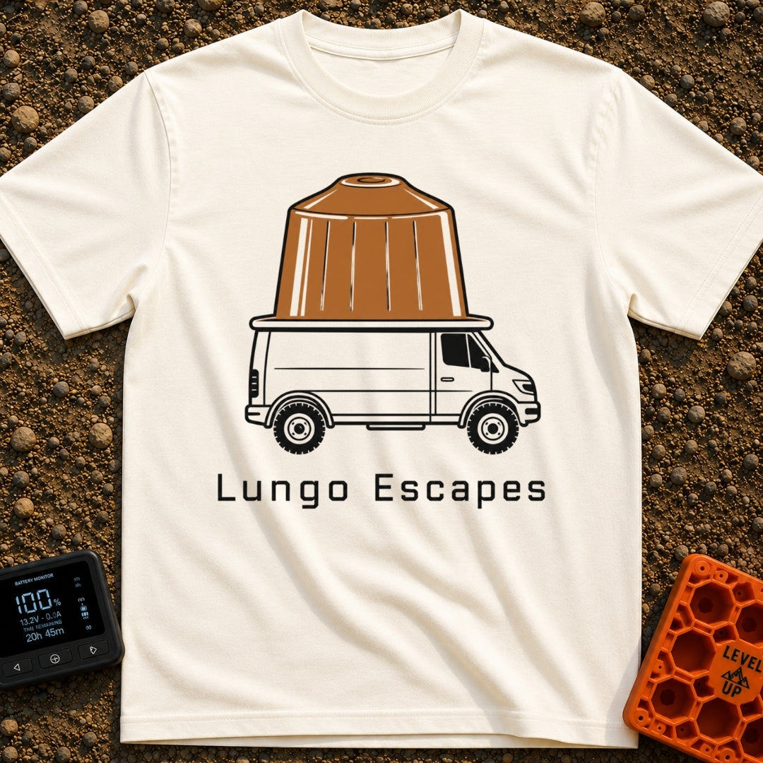 The Great Lungo Escape - T-Shirt in Ivory - A side-profile illustration of a white camper van with a giant brown espresso...