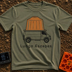 The Great Lungo Escape - T-Shirt in Moss - A side-profile illustration of a white camper van with a giant brown espresso...