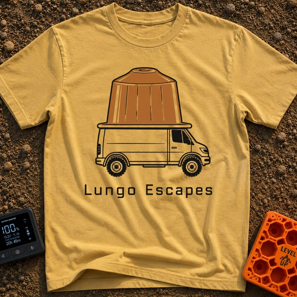 The Great Lungo Escape - T-Shirt in Mustard - A side-profile illustration of a white camper van with a giant brown...