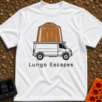 The Great Lungo Escape - T-Shirt in White - A side-profile illustration of a white camper van with a giant brown espresso...