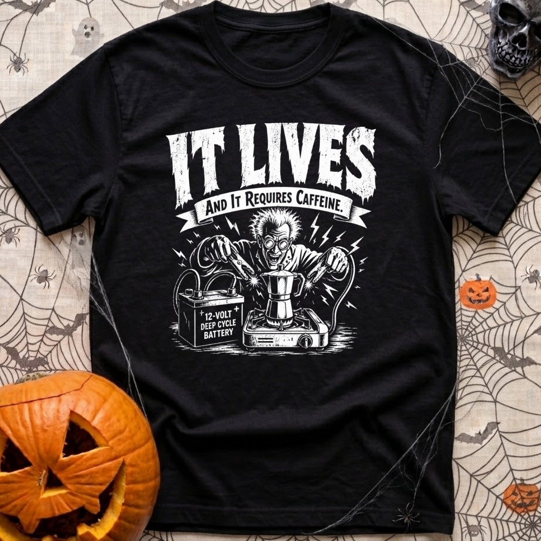 The Mad Roaster - T-Shirt in Black - A white line drawing of a mad scientist using jumper cables attached to a 12-volt...
