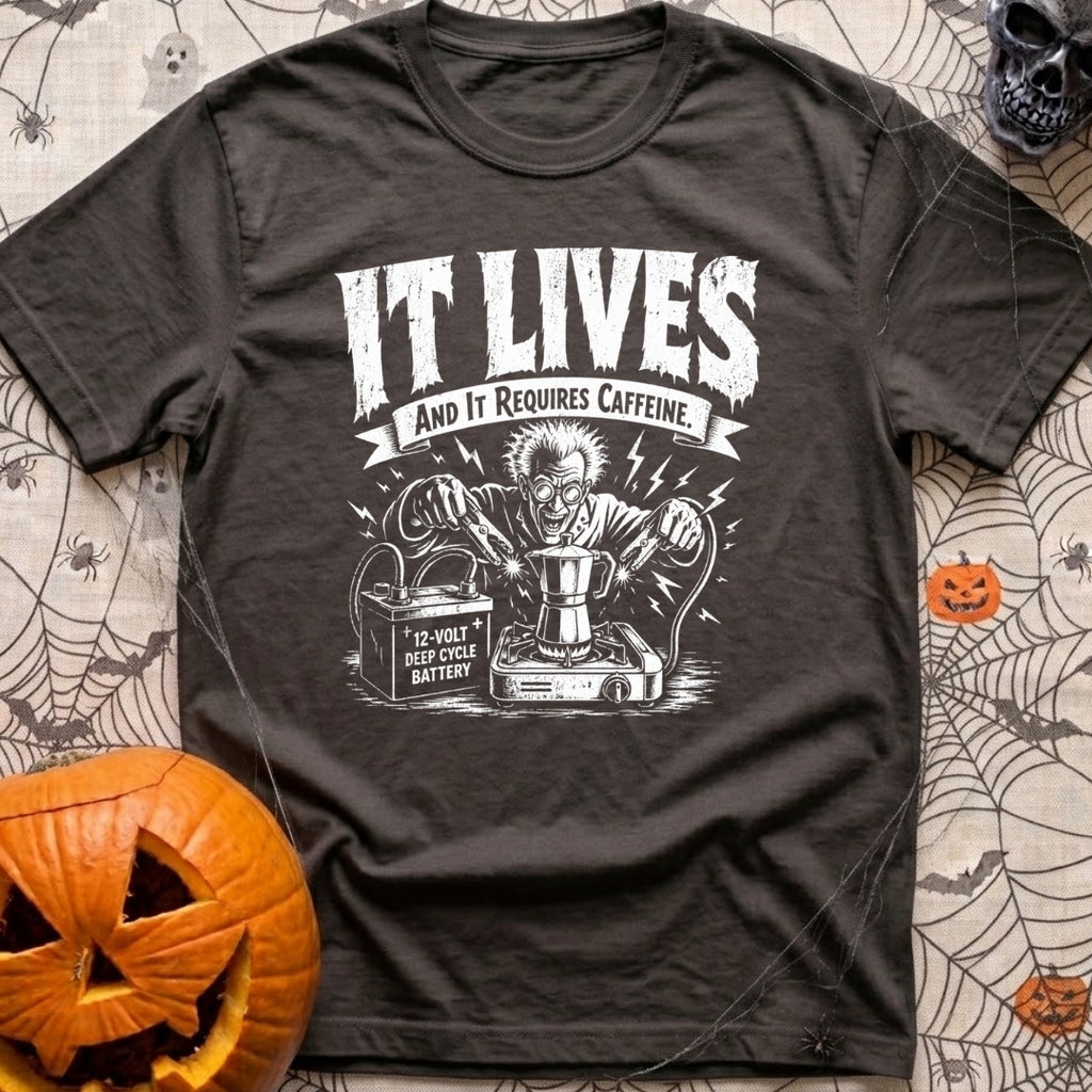 The Mad Roaster - T-Shirt in Graphite - A white line drawing of a mad scientist using jumper cables attached to a 12-volt...