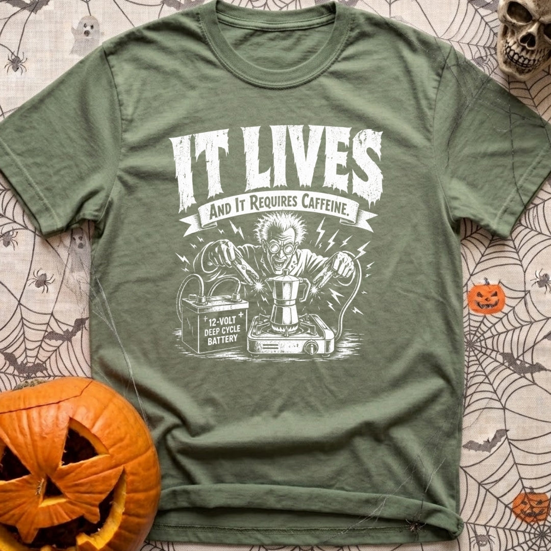 The Mad Roaster - T-Shirt in Moss - A white line drawing of a mad scientist using jumper cables attached to a 12-volt...