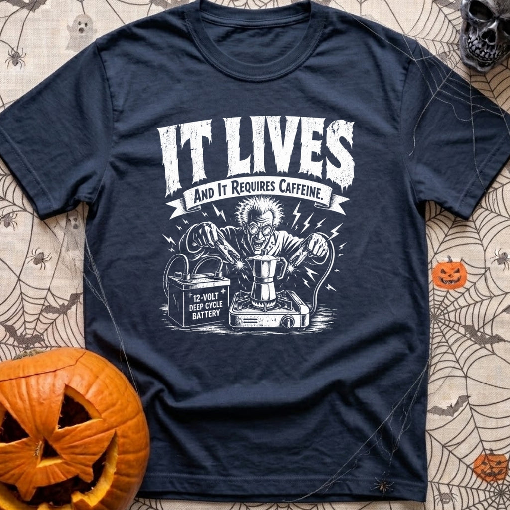 The Mad Roaster - T-Shirt in Navy - A white line drawing of a mad scientist using jumper cables attached to a 12-volt...