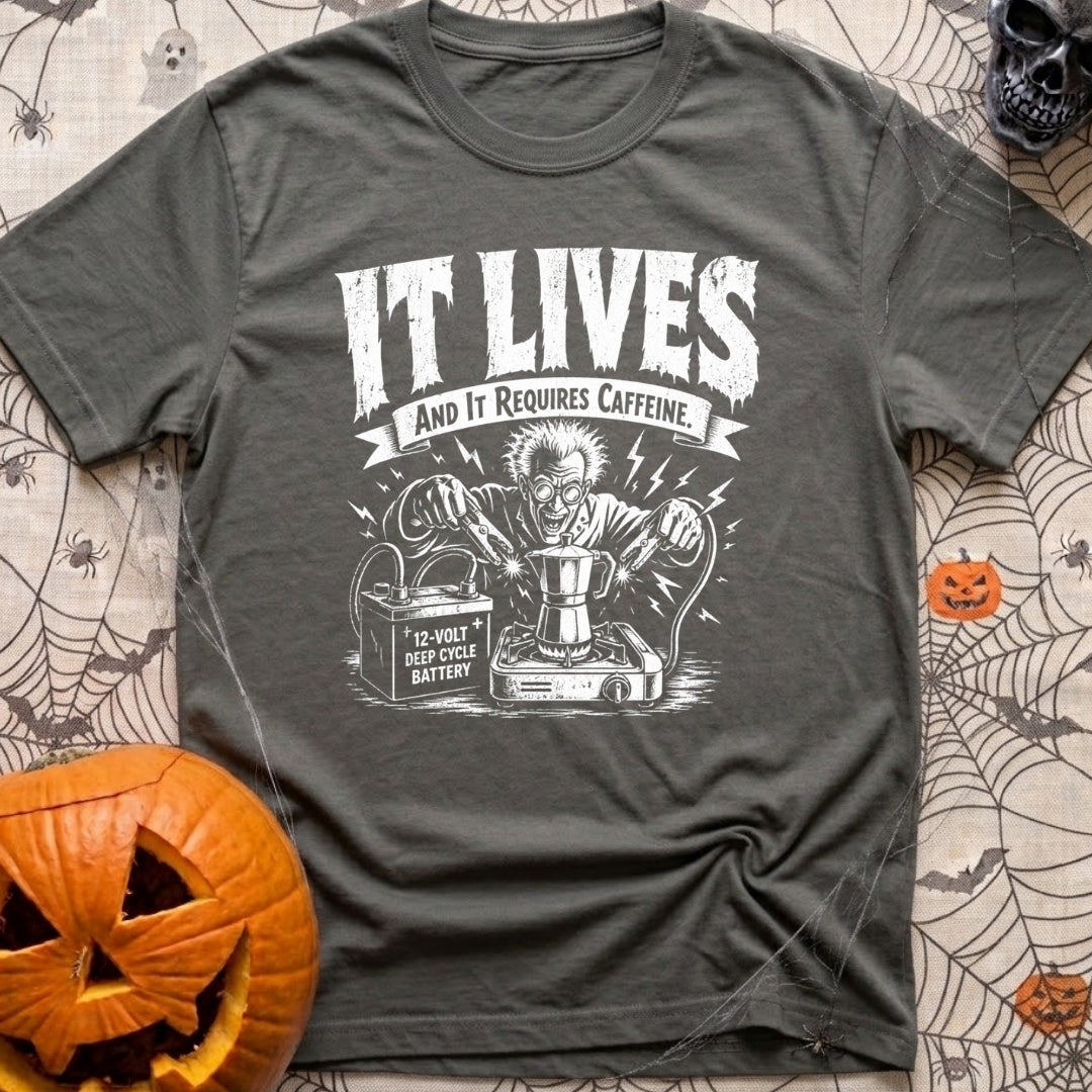 The Mad Roaster - T-Shirt in Pepper - A white line drawing of a mad scientist using jumper cables attached to a 12-volt...