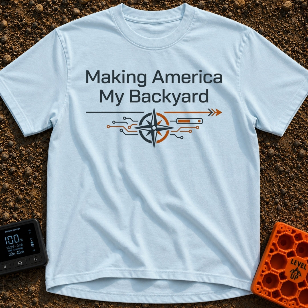 The Great American Backyard - T-Shirt in Chambray - The text "Making America My Backyard" is displayed above a graphic of...