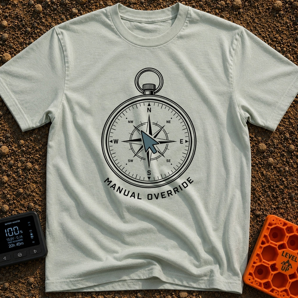 Manual Override Engaged - T-Shirt in Bay - A black and white illustration of an analog navigational compass where the...