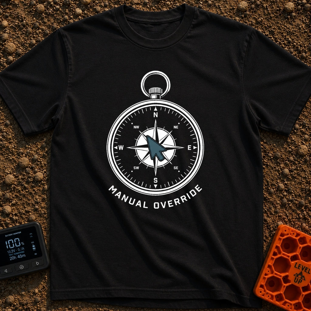 Manual Override Engaged - T-Shirt in Black - A black and white illustration of an analog navigational compass where the...