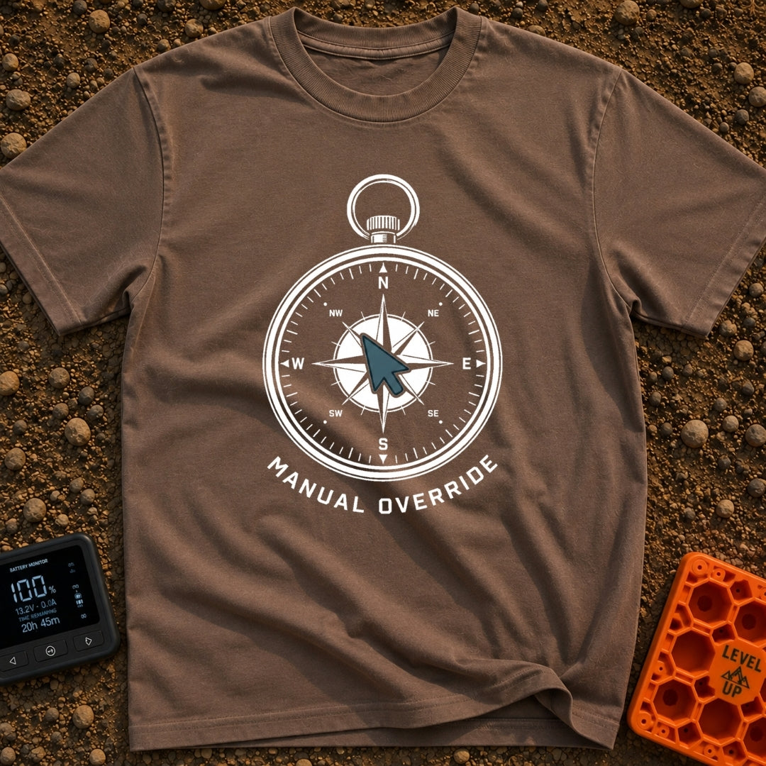 Manual Override Engaged - T-Shirt in Espresso - A black and white illustration of an analog navigational compass where...