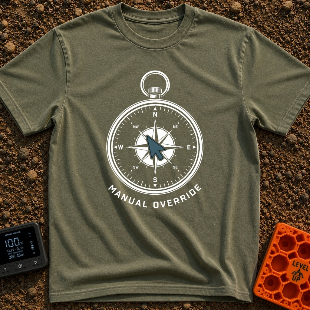 Manual Override Engaged - T-Shirt in Moss - A black and white illustration of an analog navigational compass where the...