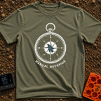 Manual Override Engaged - T-Shirt in Moss - A black and white illustration of an analog navigational compass where the...