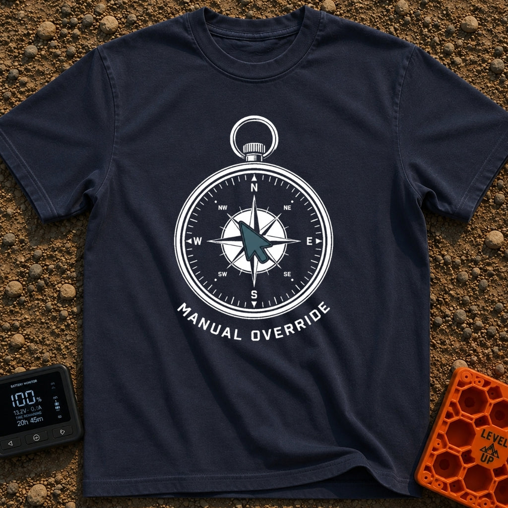 Manual Override Engaged - T-Shirt in Navy - A black and white illustration of an analog navigational compass where the...