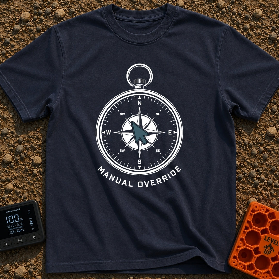 Manual Override Engaged - T-Shirt in Navy - A black and white illustration of an analog navigational compass where the...
